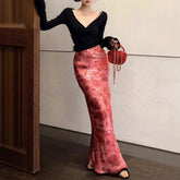 hoco dresses Sexy Hot Girl Deep V-neck Cross Sweater Vintage Satin Printed Fishtail Skirt Suit